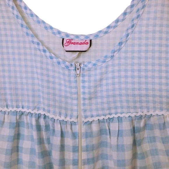 Vintage 80s Granada Gingham Ric-Rack Cottage House Dress M/L Pockets Zip-Front - Picture 5 of 10
